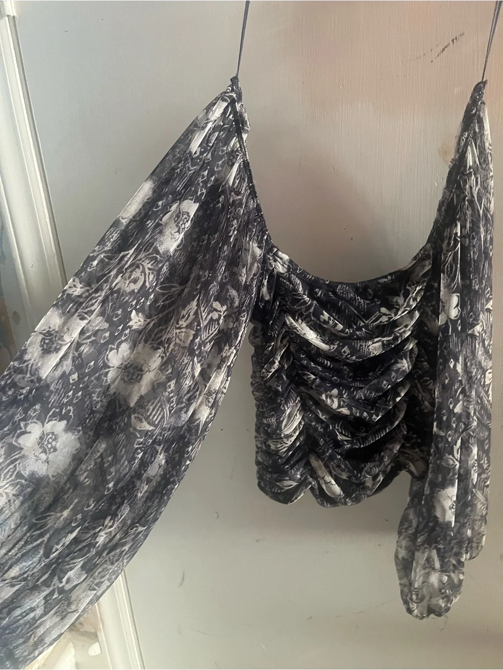 Free People Black Floral Ruched Mesh Sheer Balloon Sleeve Top s/p